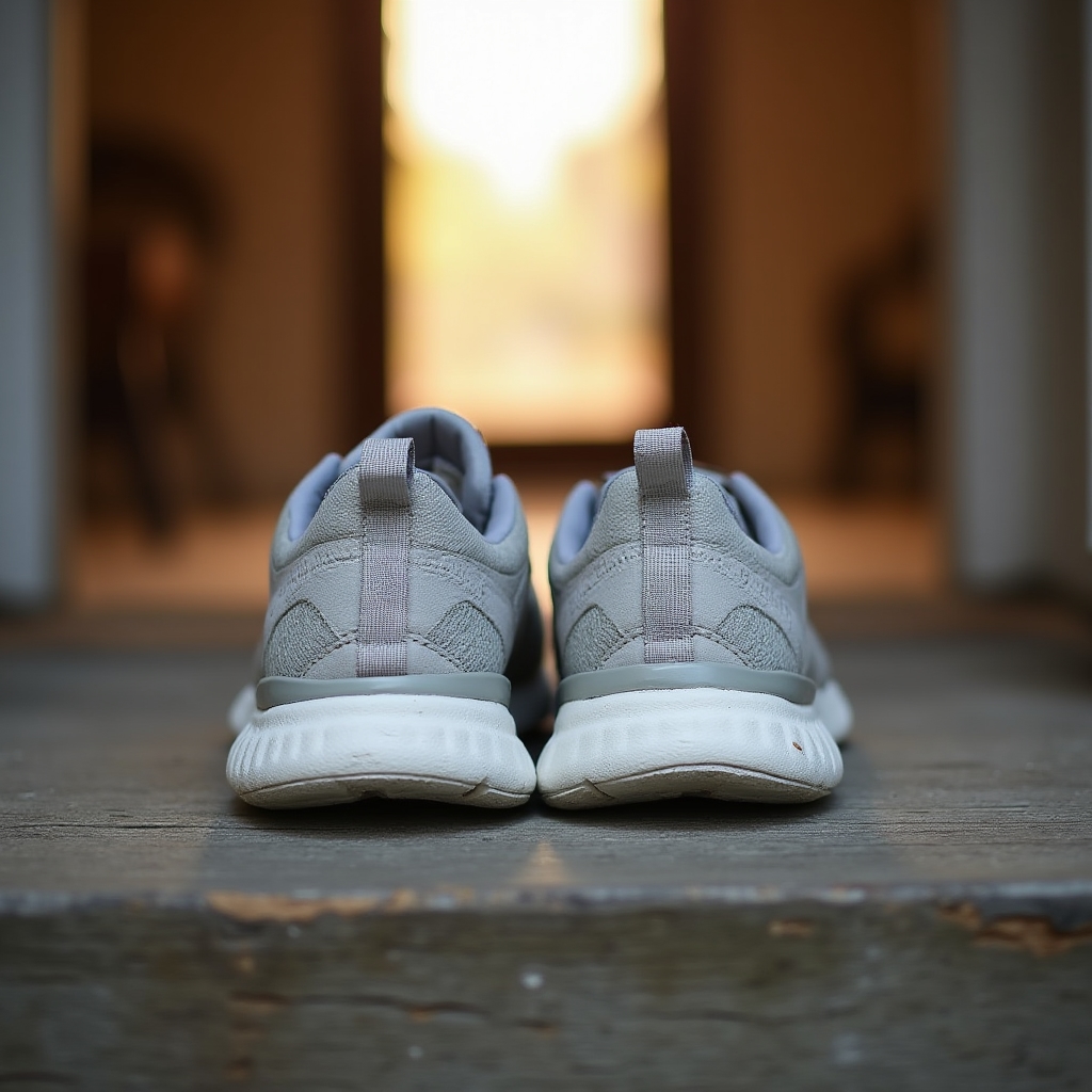 Close-up of worn but comfortable walking shoes on a doorstep, ready to go, warm indoor light spilling onto the threshold