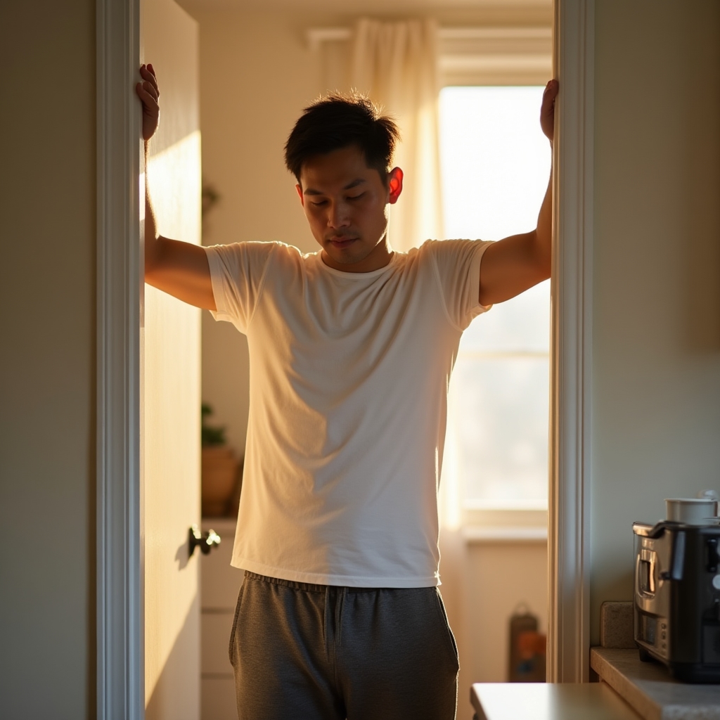 Person in casual clothes doing a gentle doorway stretch in a sunlit kitchen, morning light, relaxed face, coffee cup on counter nearby
