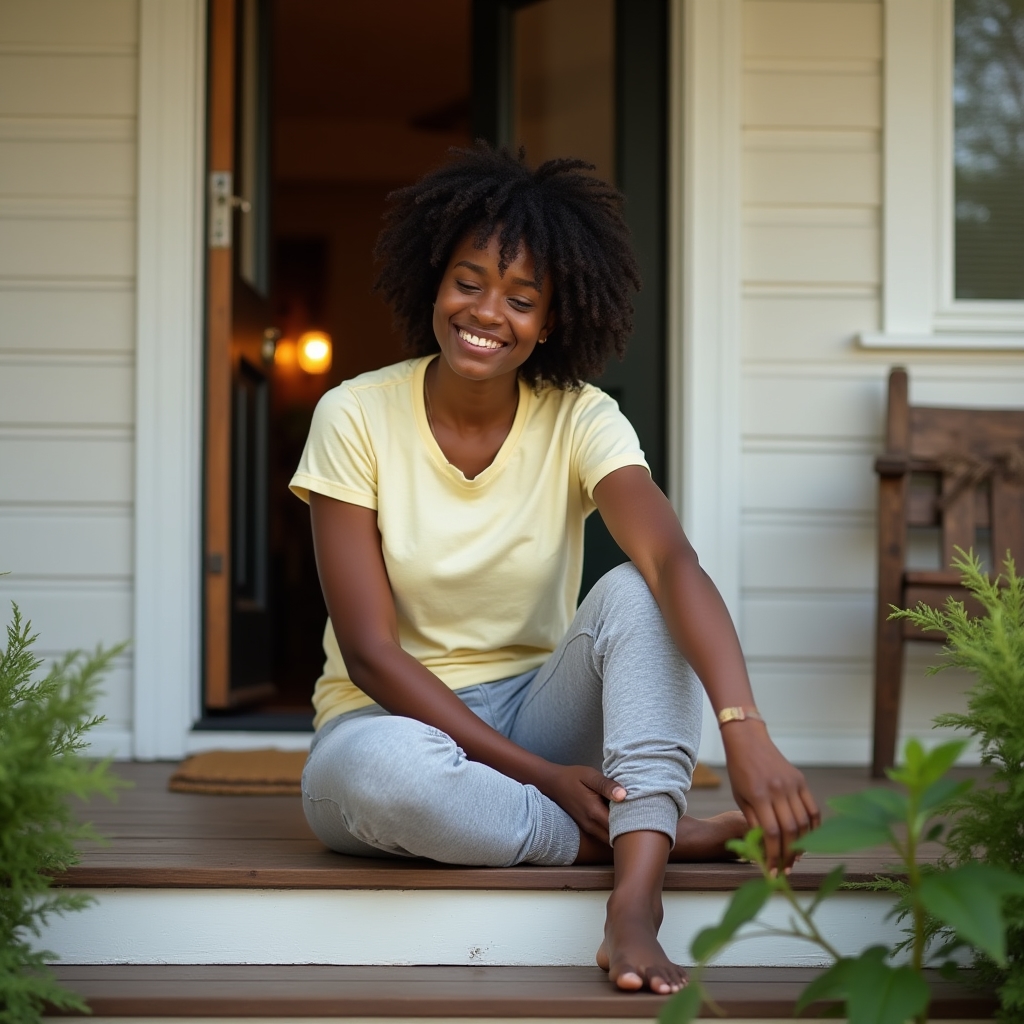 Person gently stretching their calves on a wooden step outdoors, morning light, relaxed expression, wearing comfortable casual clothes