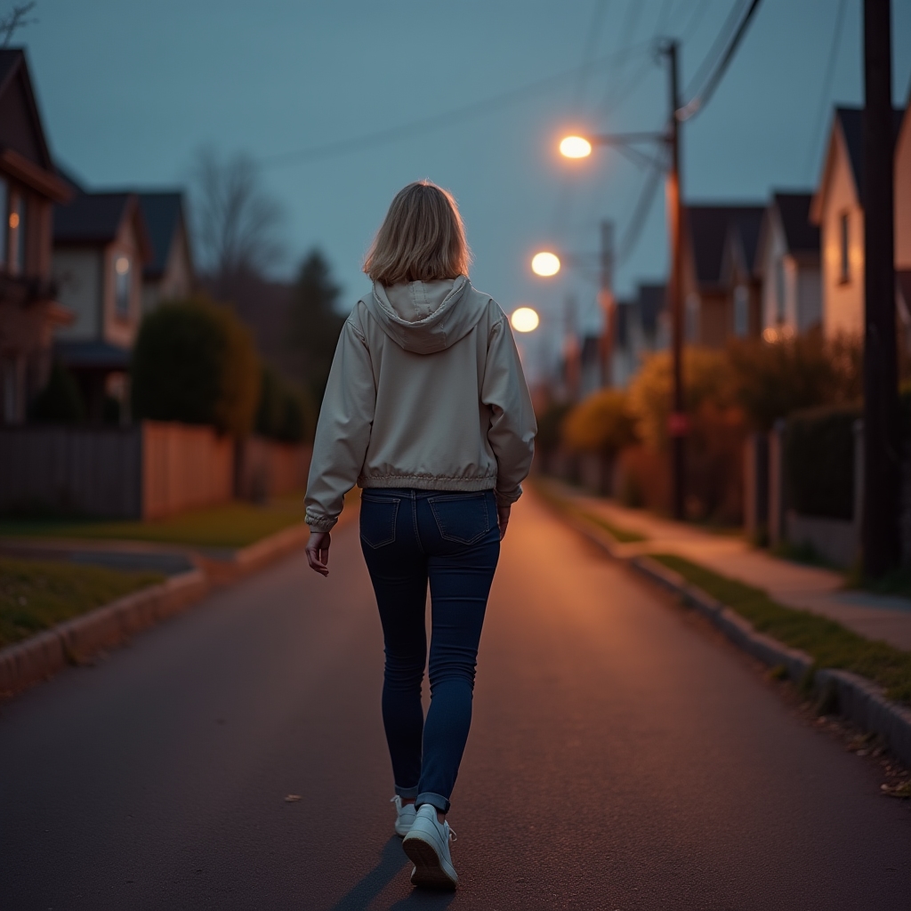 Person walking alone down a quiet residential street at dusk, streetlights just beginning to glow, relaxed posture and unhurried pace