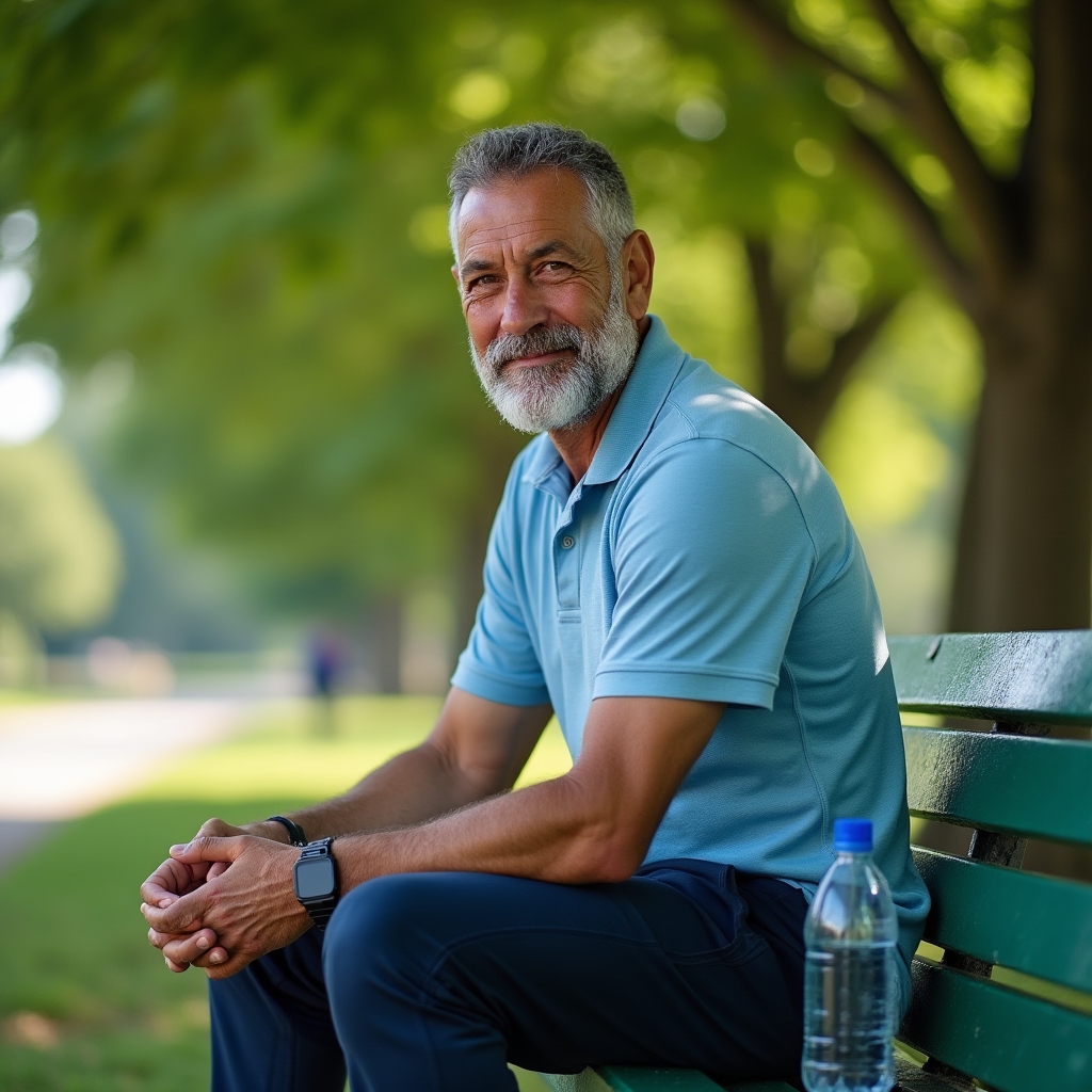 Person sitting on a park bench catching their breath after a short walk, looking calm and satisfied, surrounded by green trees in soft afternoon light