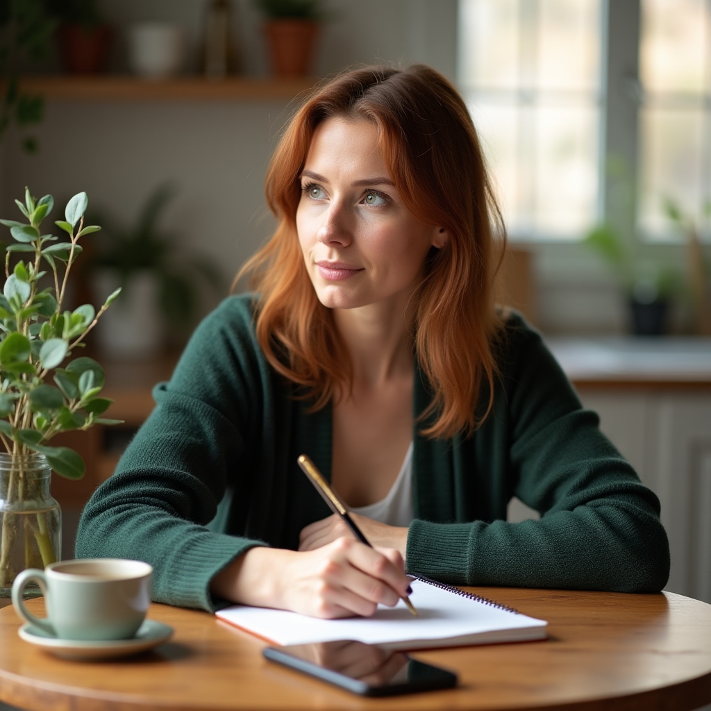 Person writing in a journal at a kitchen table, warm morning light, casual clothes, thoughtful expression, coffee nearby