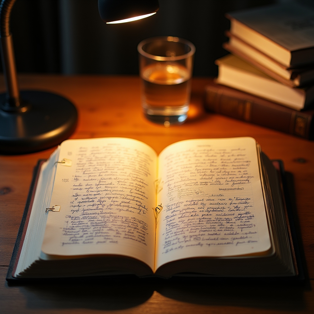 Open exercise science journal with handwritten margin notes on a warm-lit wooden desk, pen resting on the page, shallow depth of field