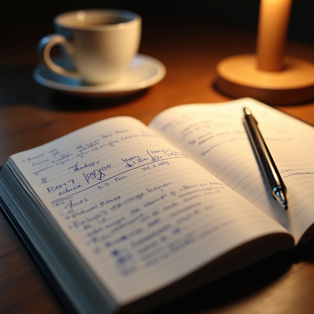 Close-up of a notebook with hand-drawn timeline showing body changes across thirty days of consistent movement
