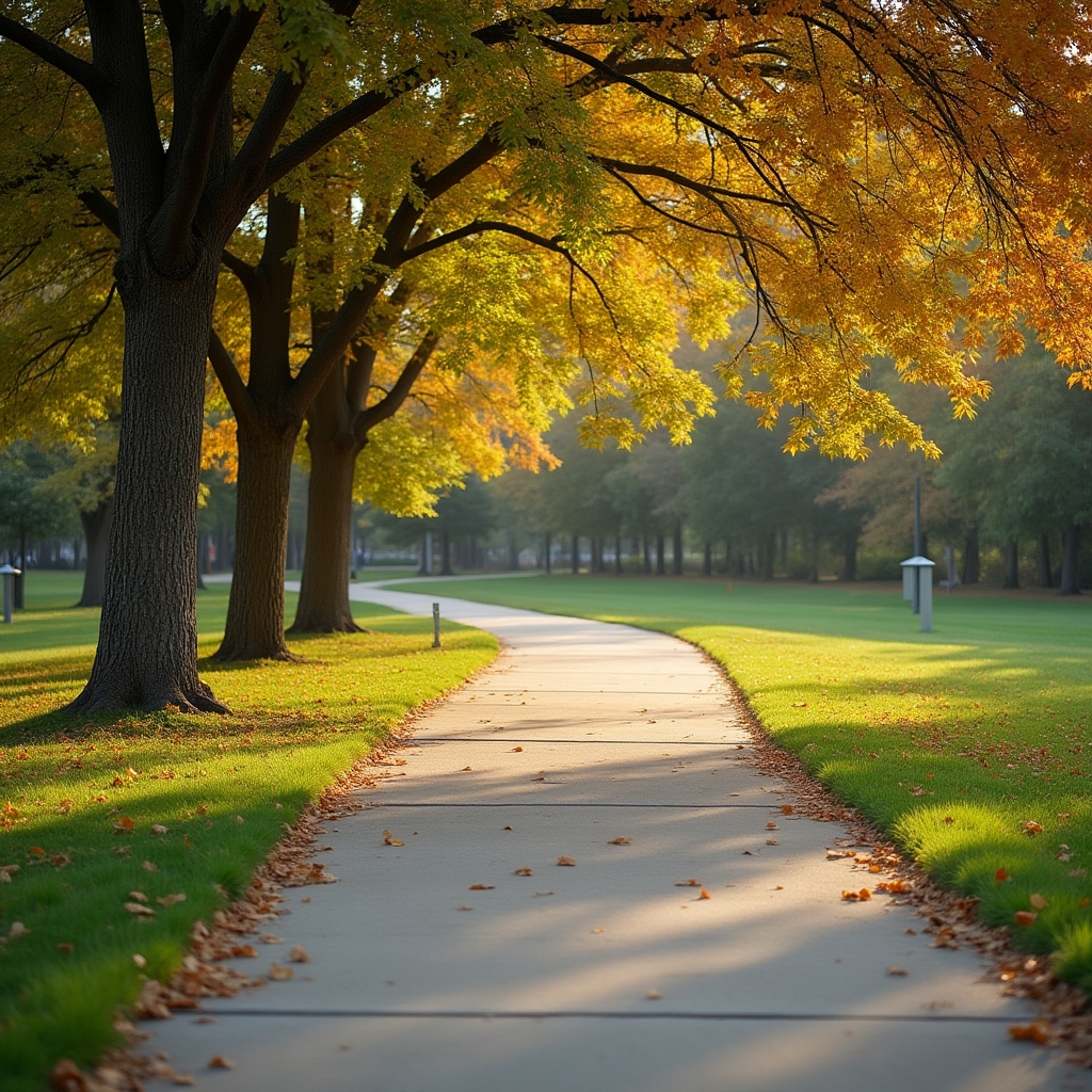 Sunlit walking path through a park with dappled light on pavement, inviting and calm atmosphere with no people